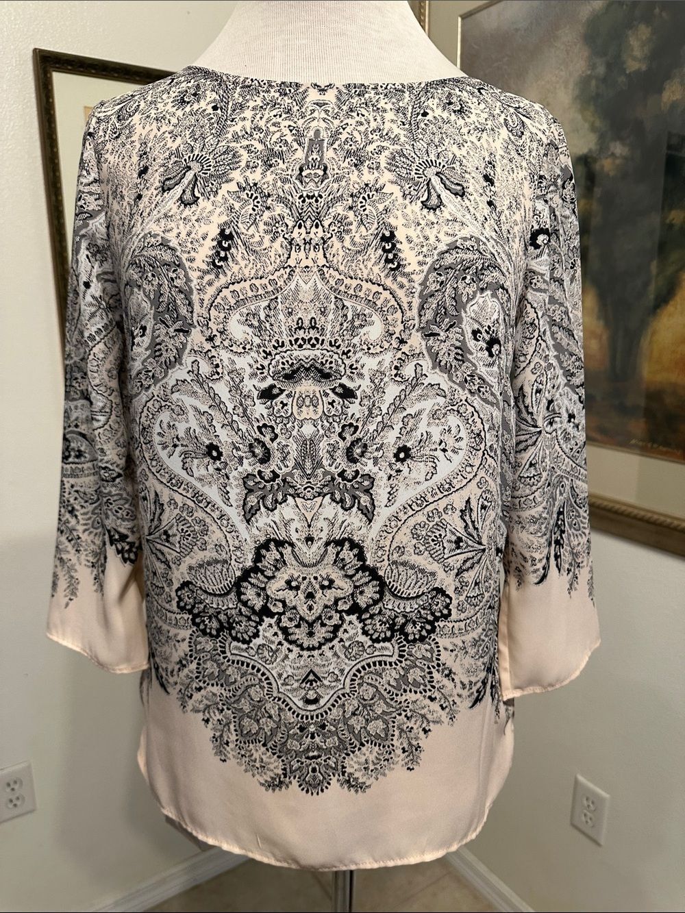 Rose & Olive Pale Pink/Black Paisley Print Blouse w/ Silver Back Zipper Size XS